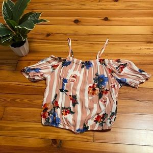 Light pink and white striped off the shoulder crop